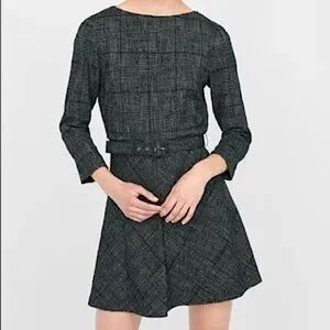 Zara Tweed Belted Fit & Flare Cropped Sleeve Mini Short Dress, Forest Green, Med